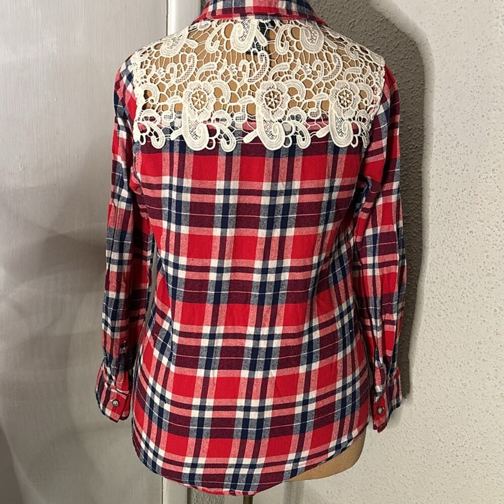 Rue21 Western Plaid Lace Long Sleeve Button Down Top M Costal Cowgirl Boho Chic
